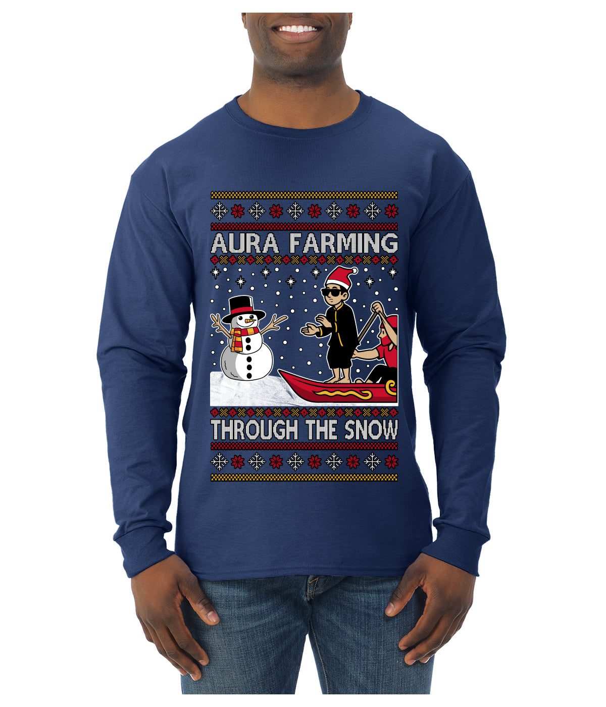 Aura Farming Through The Snow Meme, Ugly Christmas Sweater Unisex Mens Long Sleeve Shirt