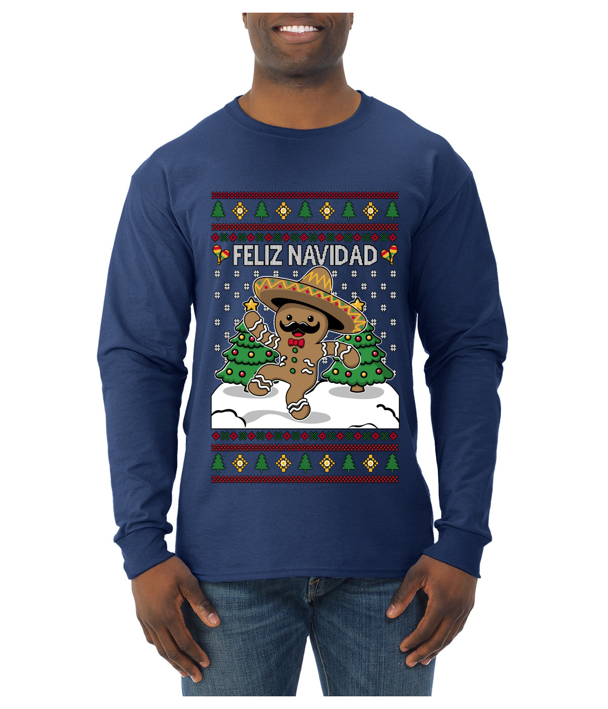 Feliz Navidad Dancing Gingerbread Man, Ugly Christmas Sweater Unisex Mens Long Sleeve Shirt