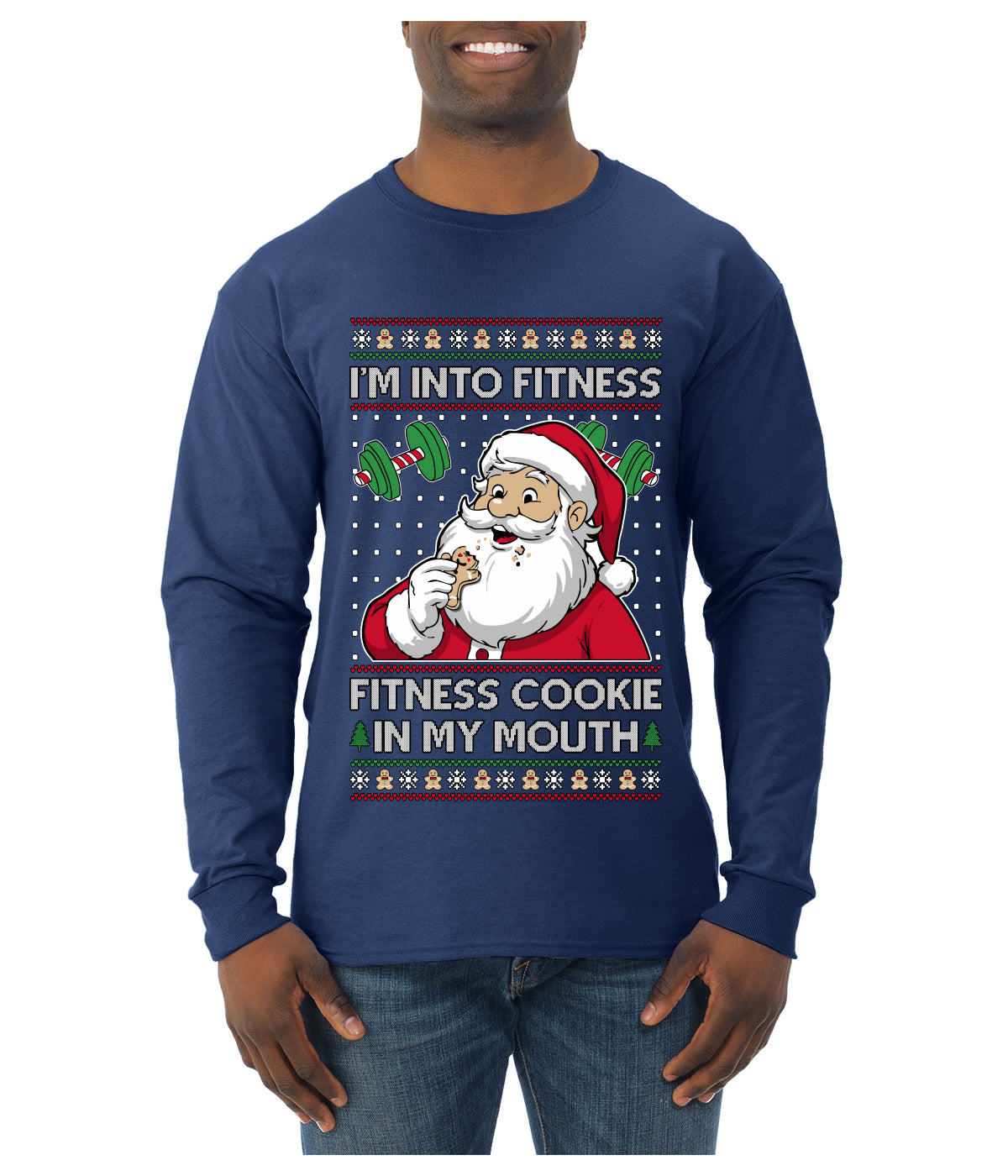 I'm Into Fitness Cookie In My Mouth Santa, Ugly Christmas Sweater Unisex Mens Long Sleeve Shirt
