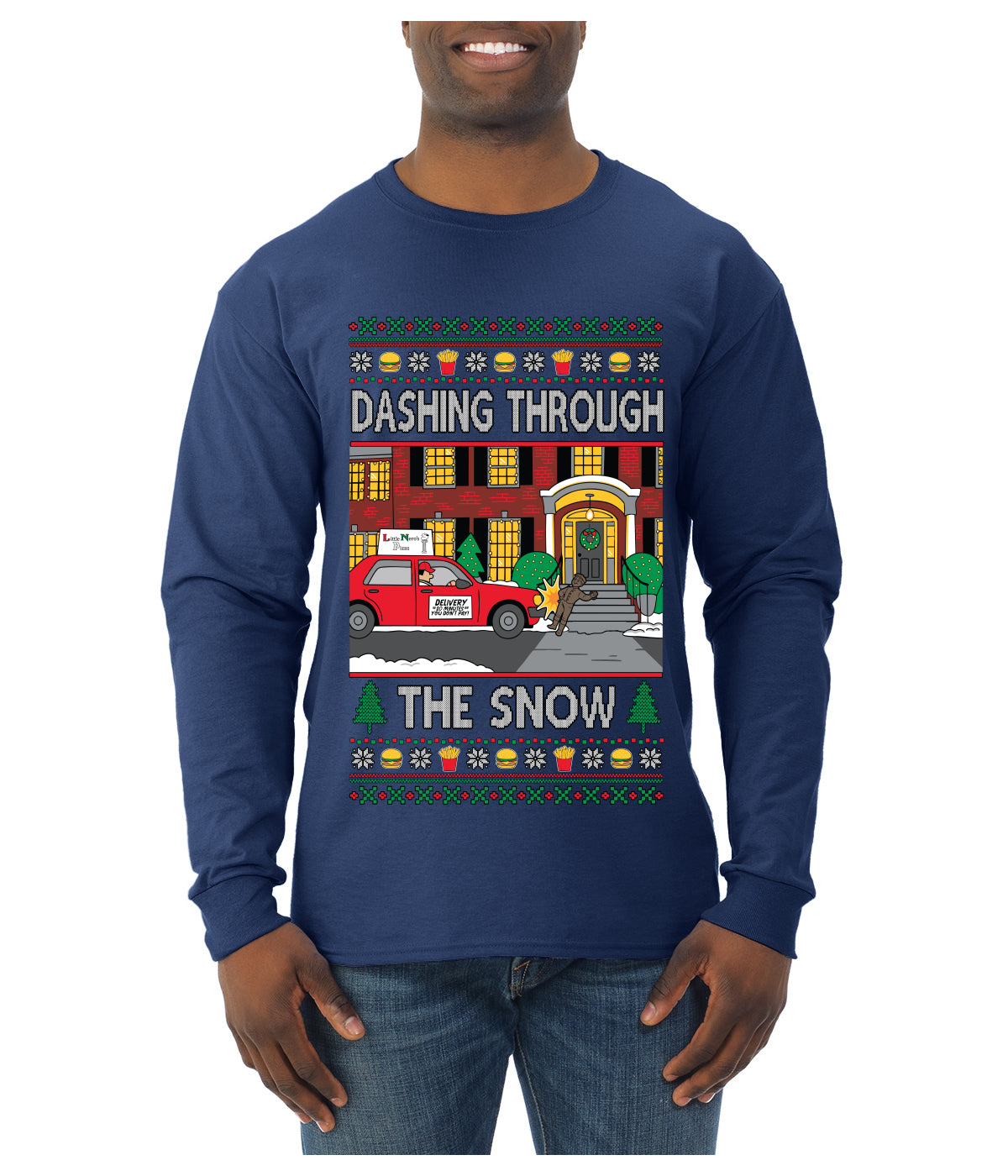 Dashing Through The Snow Classic 90s Holiday Movie, Ugly Christmas Sweater Unisex Mens Long Sleeve Shirt