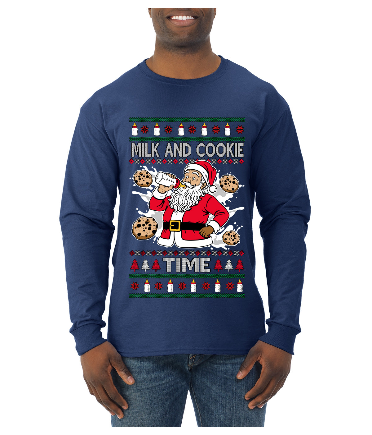 Milk And Cookie Time, Ugly Christmas Sweater Unisex Mens Long Sleeve Shirt