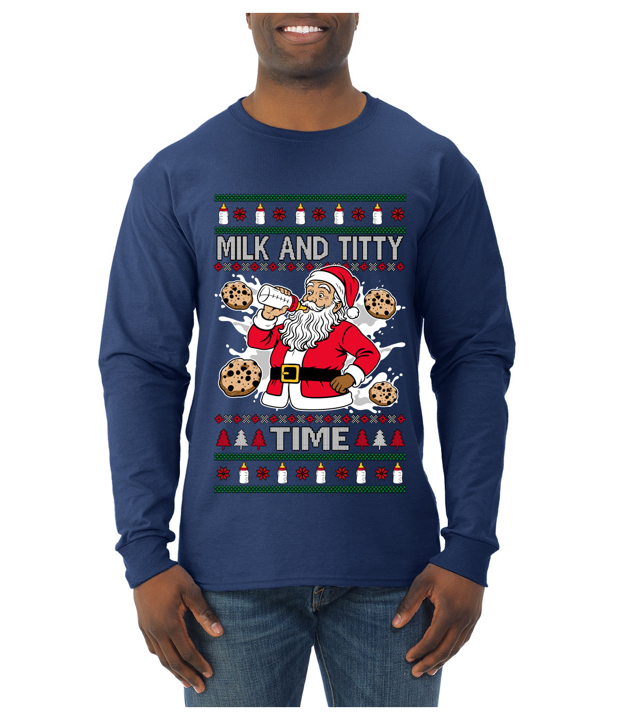 Milk And Titty Time, Ugly Christmas Sweater Unisex Mens Long Sleeve Shirt