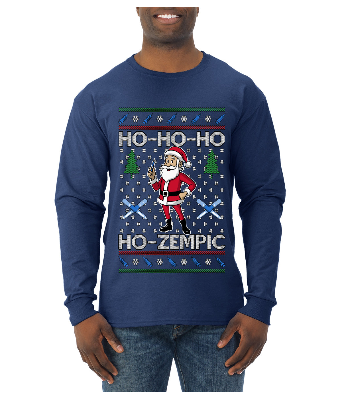 Skinny Santa Ho Ho Ho Ho-Zempic Weight Loss Shot, Ugly Christmas Sweater Unisex Mens Long Sleeve Shirt