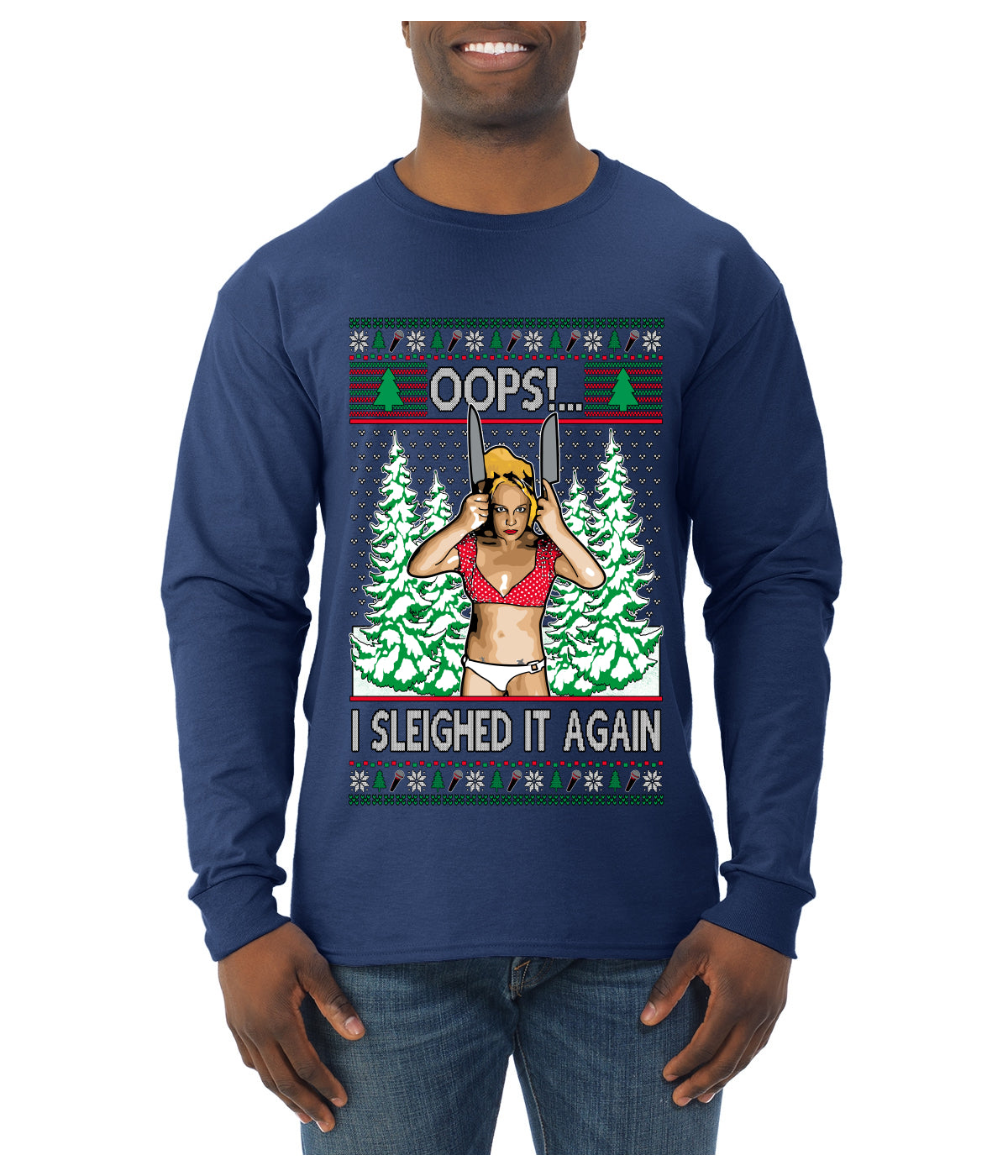 Funny, Knives Popstar Dancing, Music Lover Comedic Christmas Sweater Design, Ugly Christmas Sweater Unisex Mens Long Sleeve Shirt