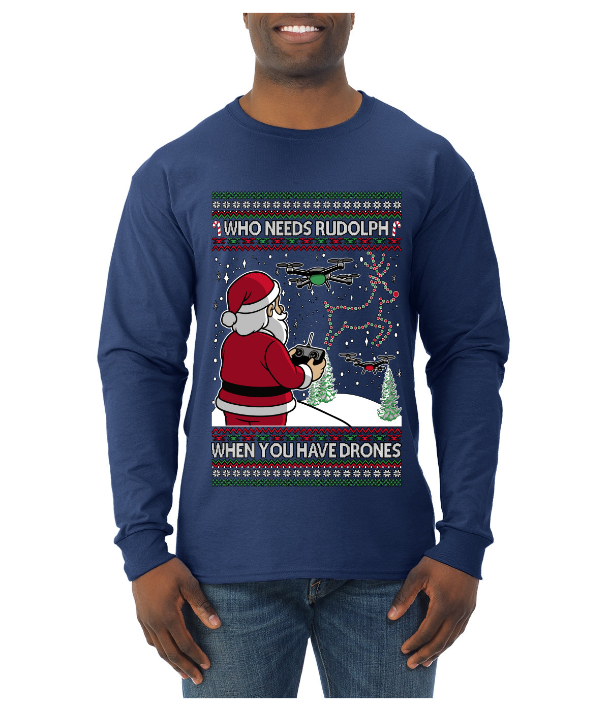 Santa Drone Show Reindeer, Ugly Christmas Sweater Unisex Mens Long Sleeve Shirt