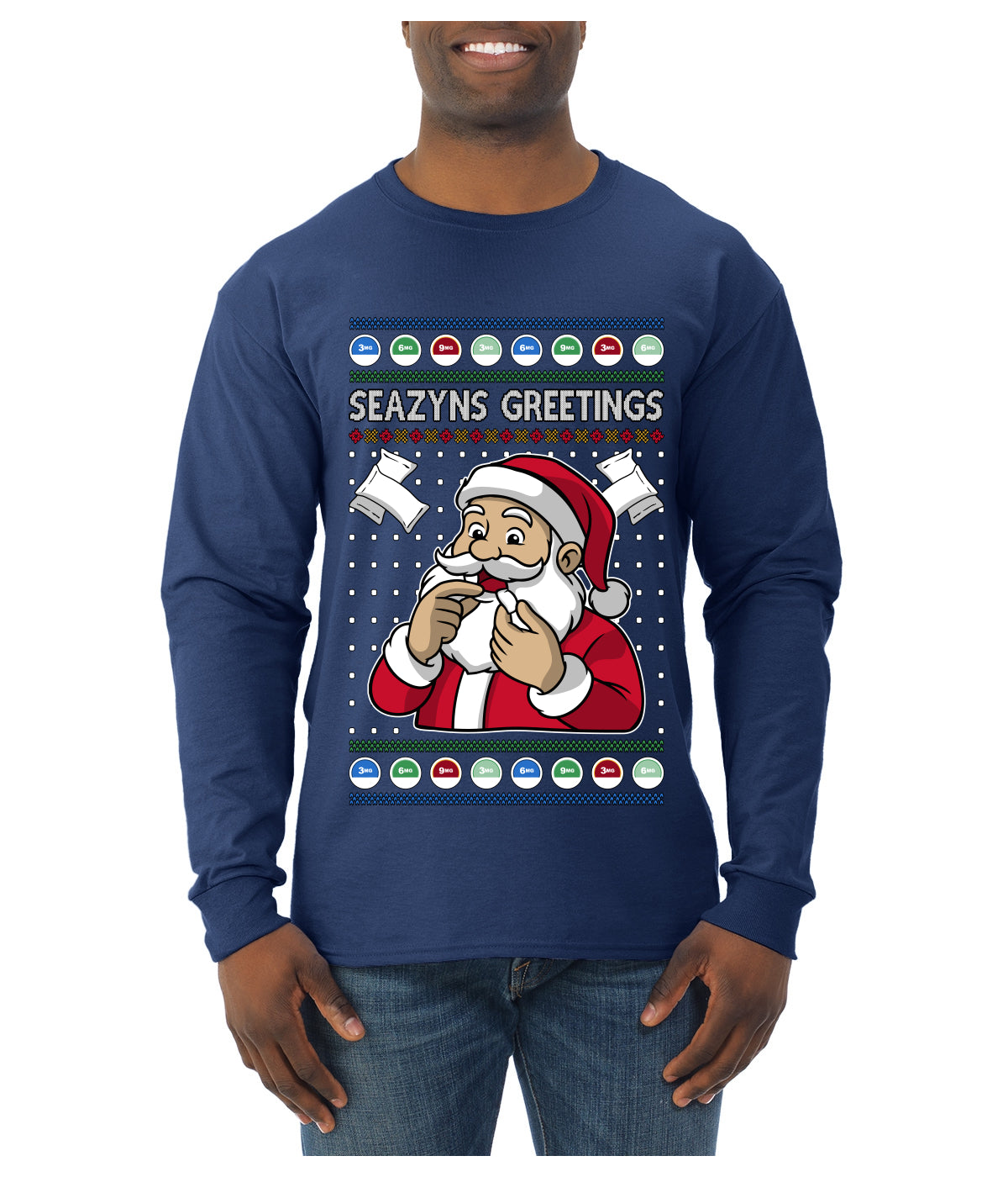 Seazyns Greeting Santa Packing Lip Pouch, Ugly Christmas Sweater Unisex Mens Long Sleeve Shirt