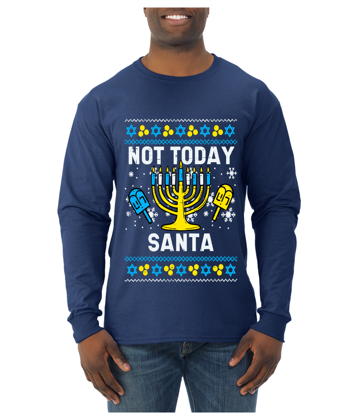 Not Today Santa Menorah Hanukkah, Ugly Christmas Sweater Unisex Mens Long Sleeve Shirt