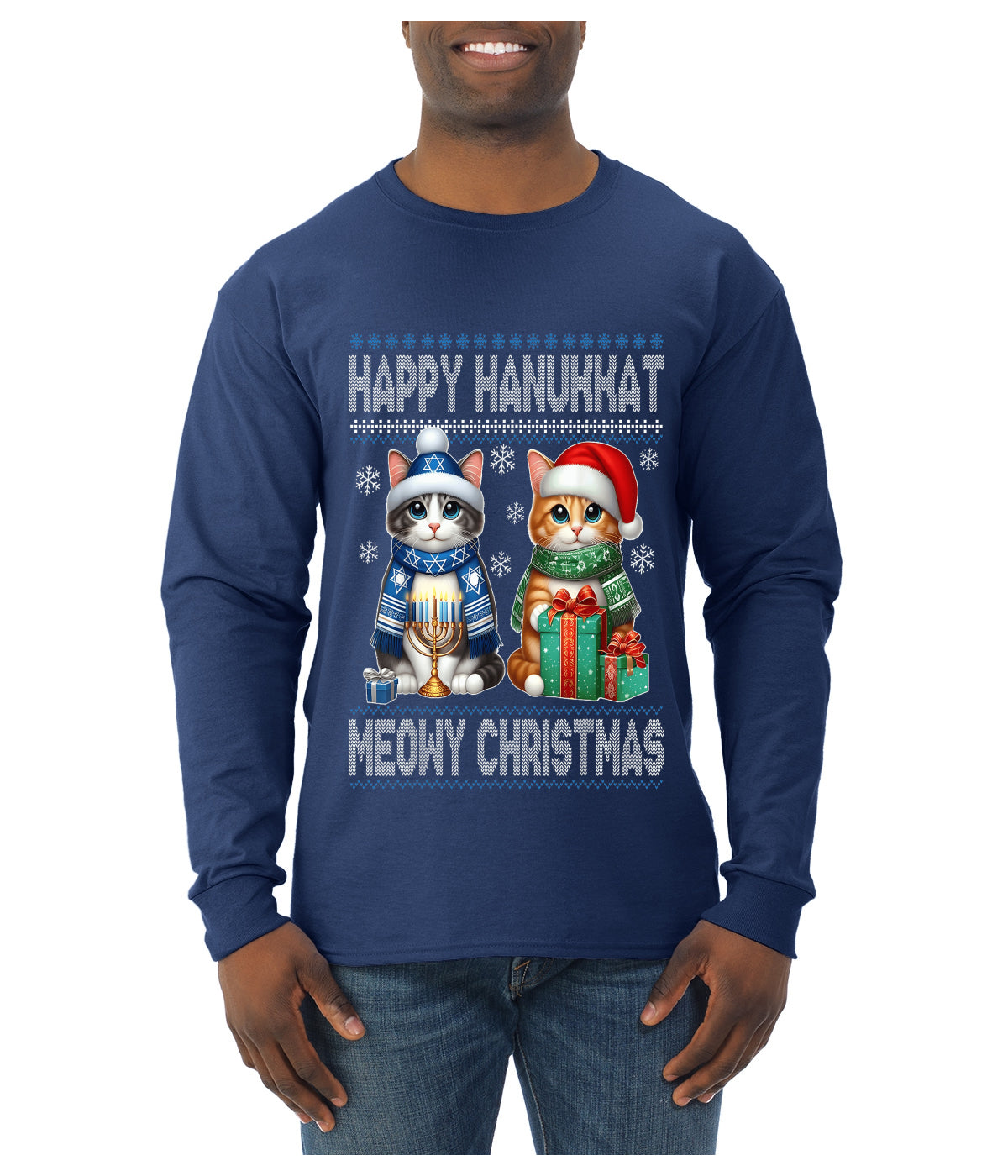 Happy Hanukkat Meowy Christmas, Ugly Christmas Sweater Unisex Mens Long Sleeve Shirt
