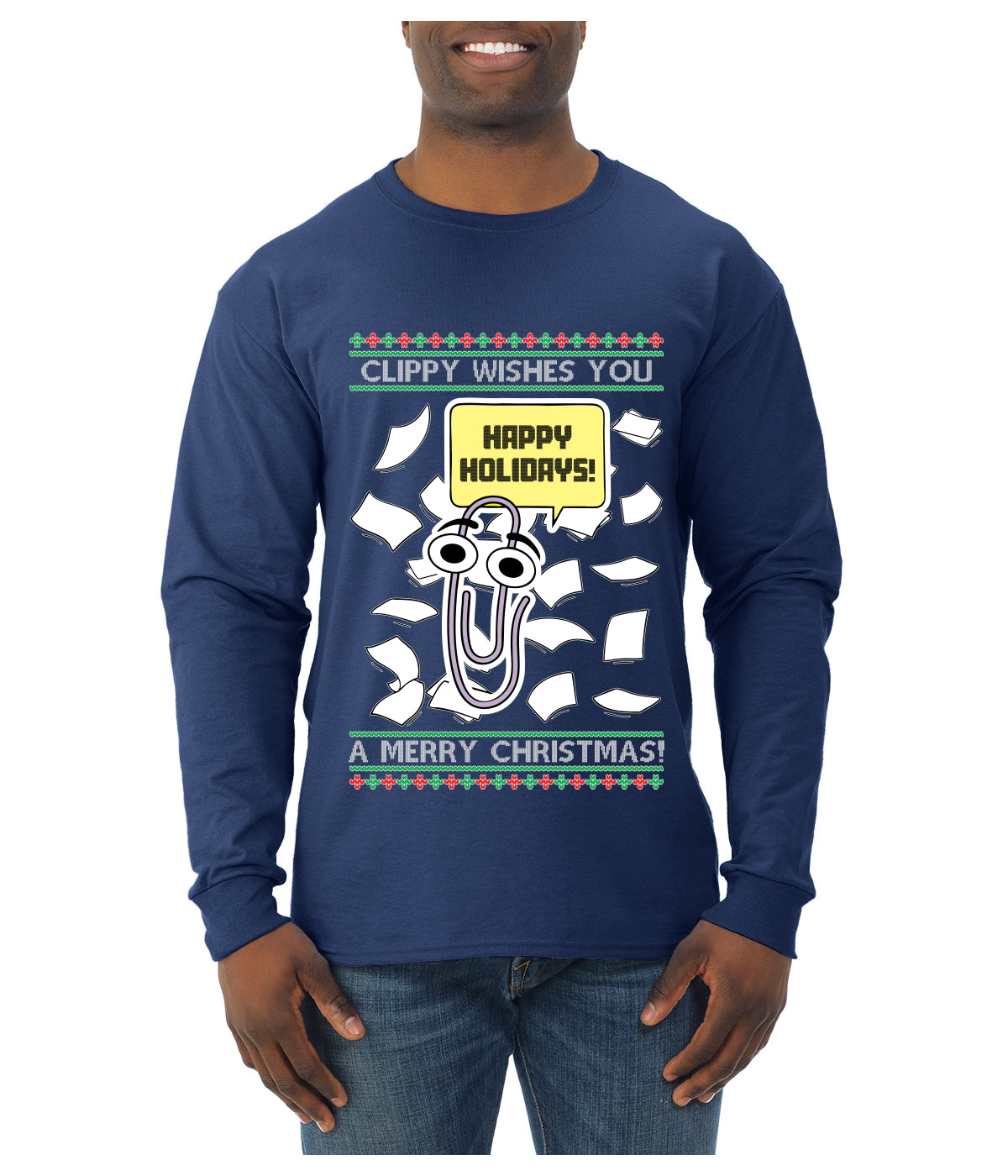 Clippy Wishes You A Merry Christmas Office Assistant, Ugly Christmas Sweater Unisex Mens Long Sleeve Shirt