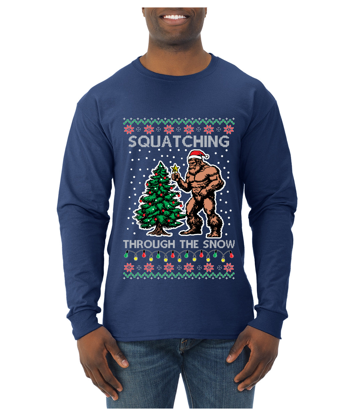 Squatching Through The Snow Bigfoot, Ugly Christmas Sweater Unisex Mens Long Sleeve Shirt