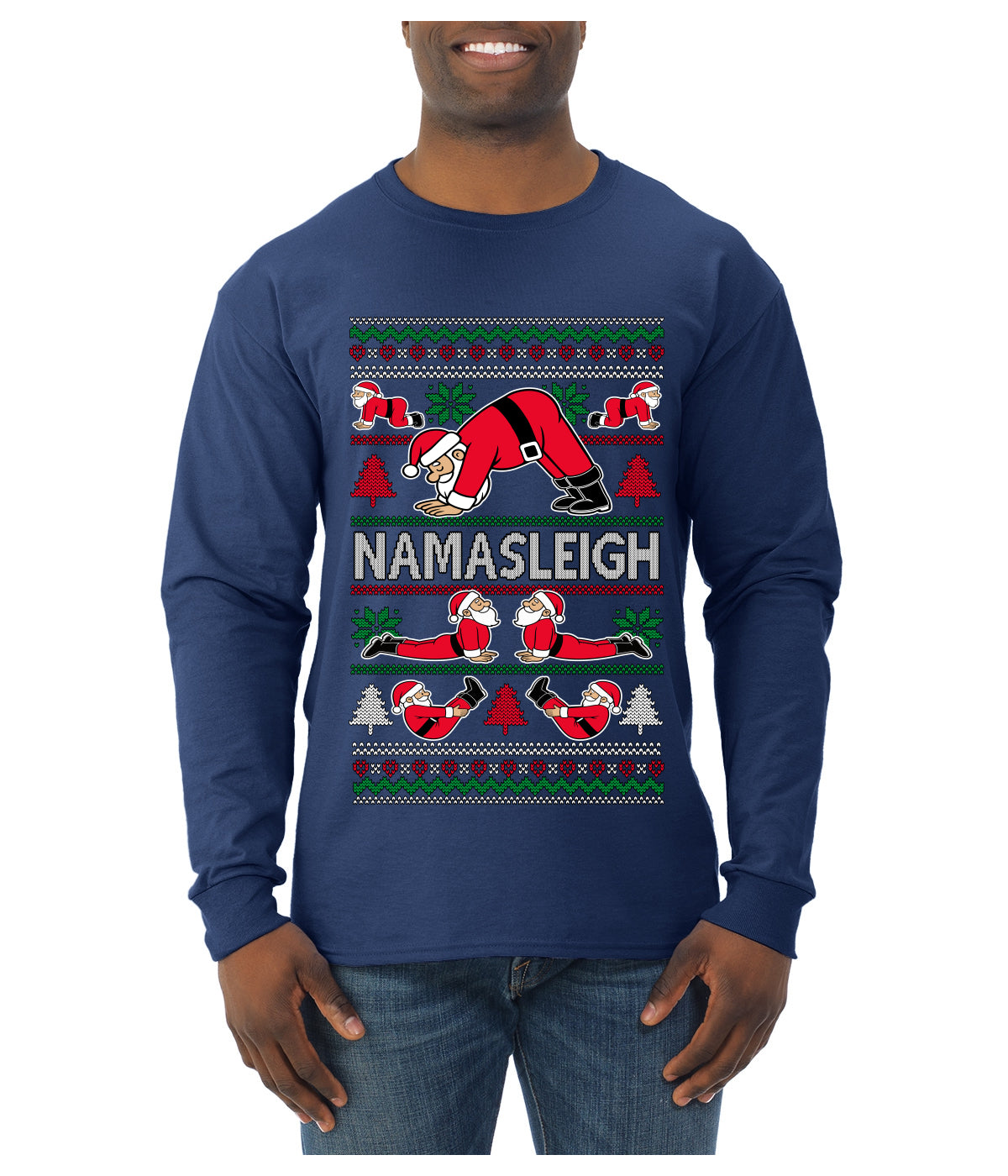 Namasleigh, Namaste Yoga Santa Claus, Ugly Christmas Sweater Unisex Mens Long Sleeve Shirt