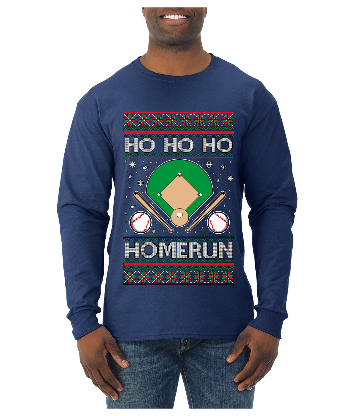 Ho Ho Ho Homerun, Baseball Fan Christmas Design, Ugly Christmas Sweater Unisex Mens Long Sleeve Shirt