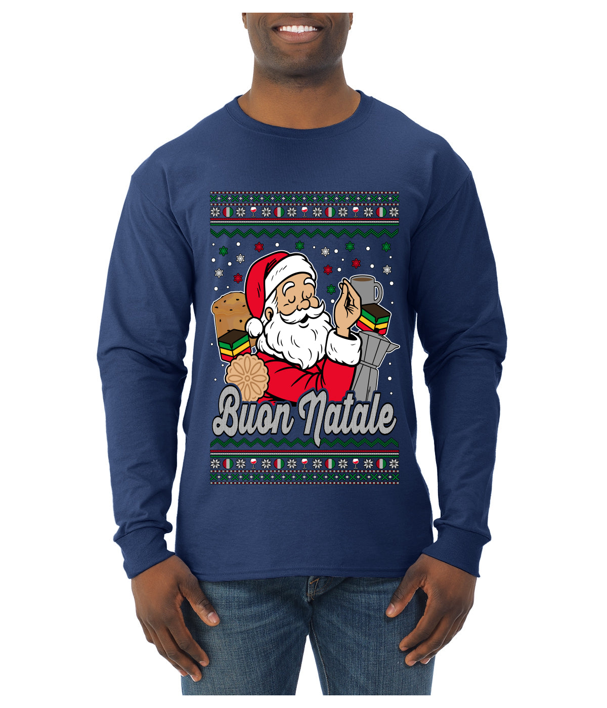Buon Natale, Italian Santa Claus, Funny, Italian American Humor, Ugly Christmas Sweater Unisex Mens Long Sleeve Shirt