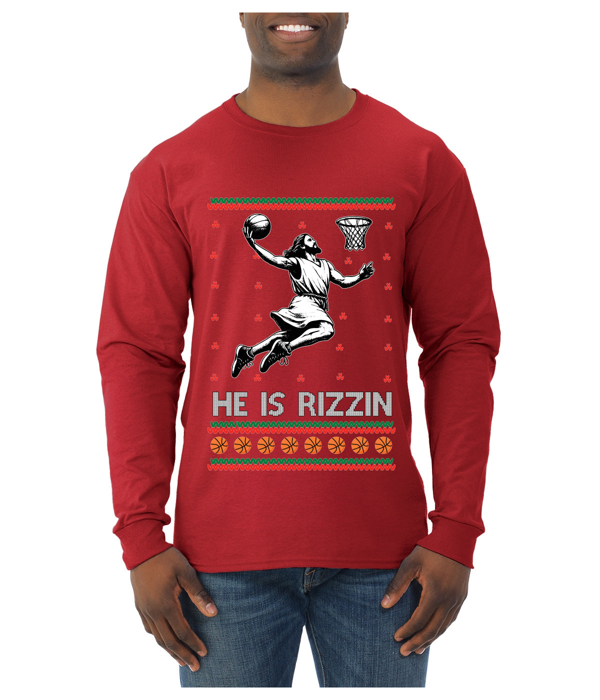 He Is Rizzin, Ugly Christmas Sweater Unisex Mens Long Sleeve Shirt