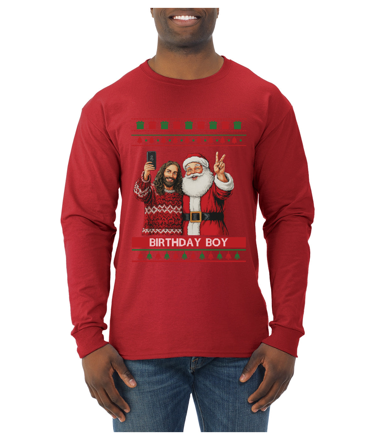 Birthday Boy Jesus, Ugly Christmas Sweater Unisex Mens Long Sleeve Shirt