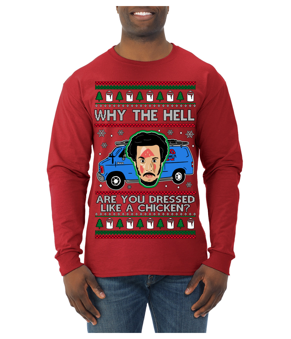 Why the Hell are You Dressed Like a Chicken? Funny Movie Ugly Christmas Sweater Mens Long Sleeve Shirt
