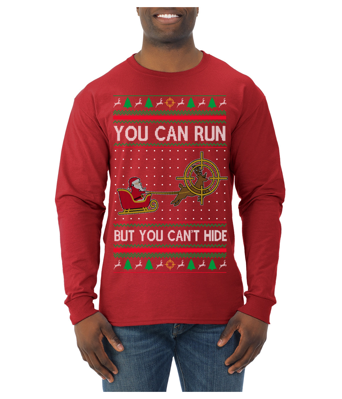 You Can Run But You Can't Hide Santa Sleigh Reindeer Ugly Christmas Sweater Mens Long Sleeve Shirt
