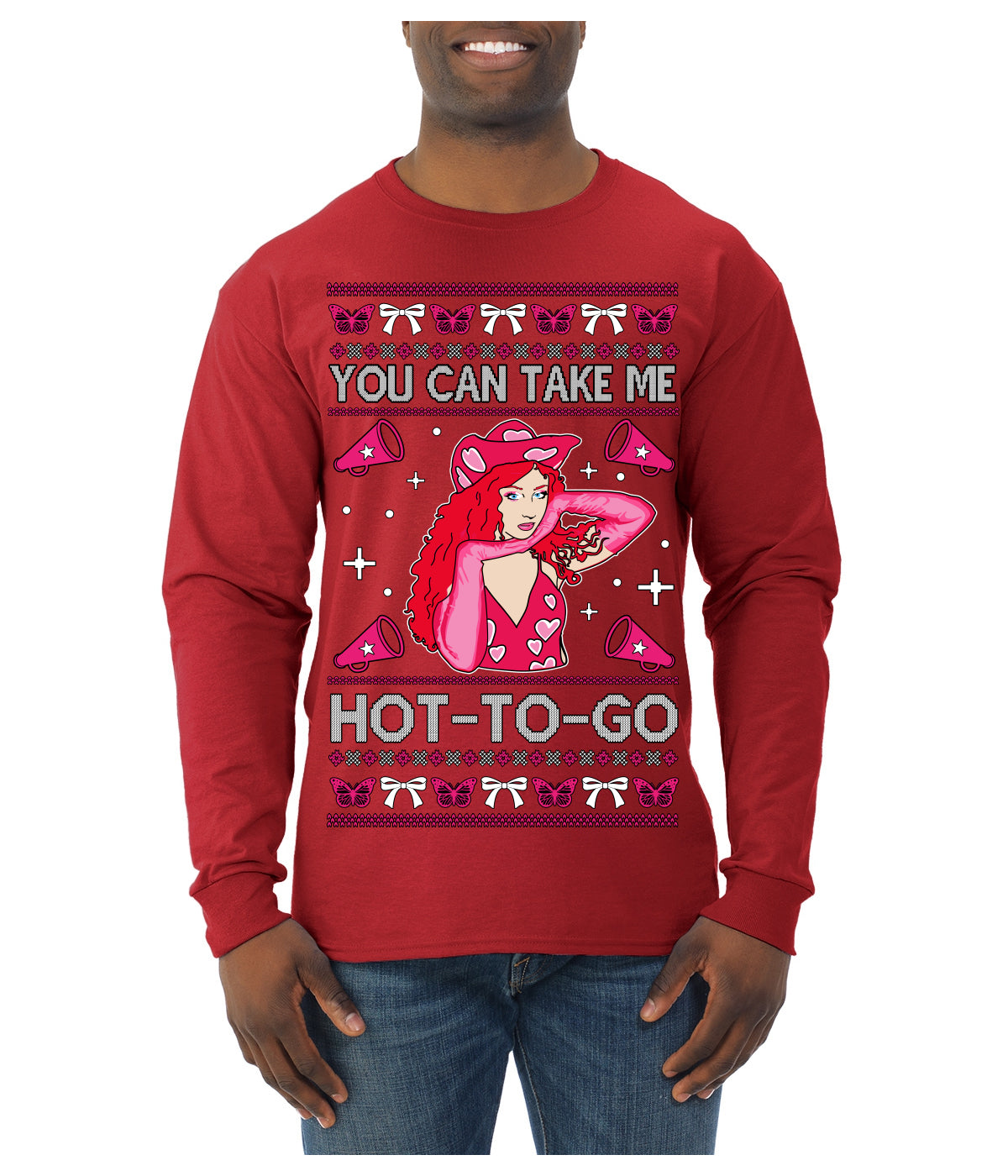 You Can Take Me Hot to Go, Funny Midwest Princess Pop Star Ugly Christmas Sweater Mens Long Sleeve Shirt