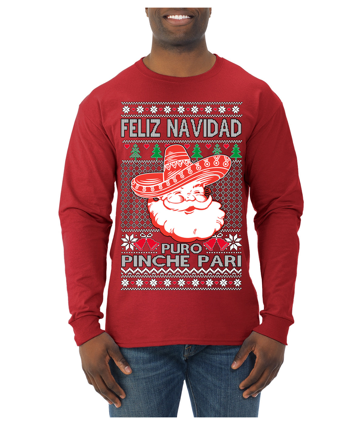 Feliz Navidad Puro Pinche Pari Funny Spanish Song Ugly Christmas Sweater Mens Long Sleeve Shirt