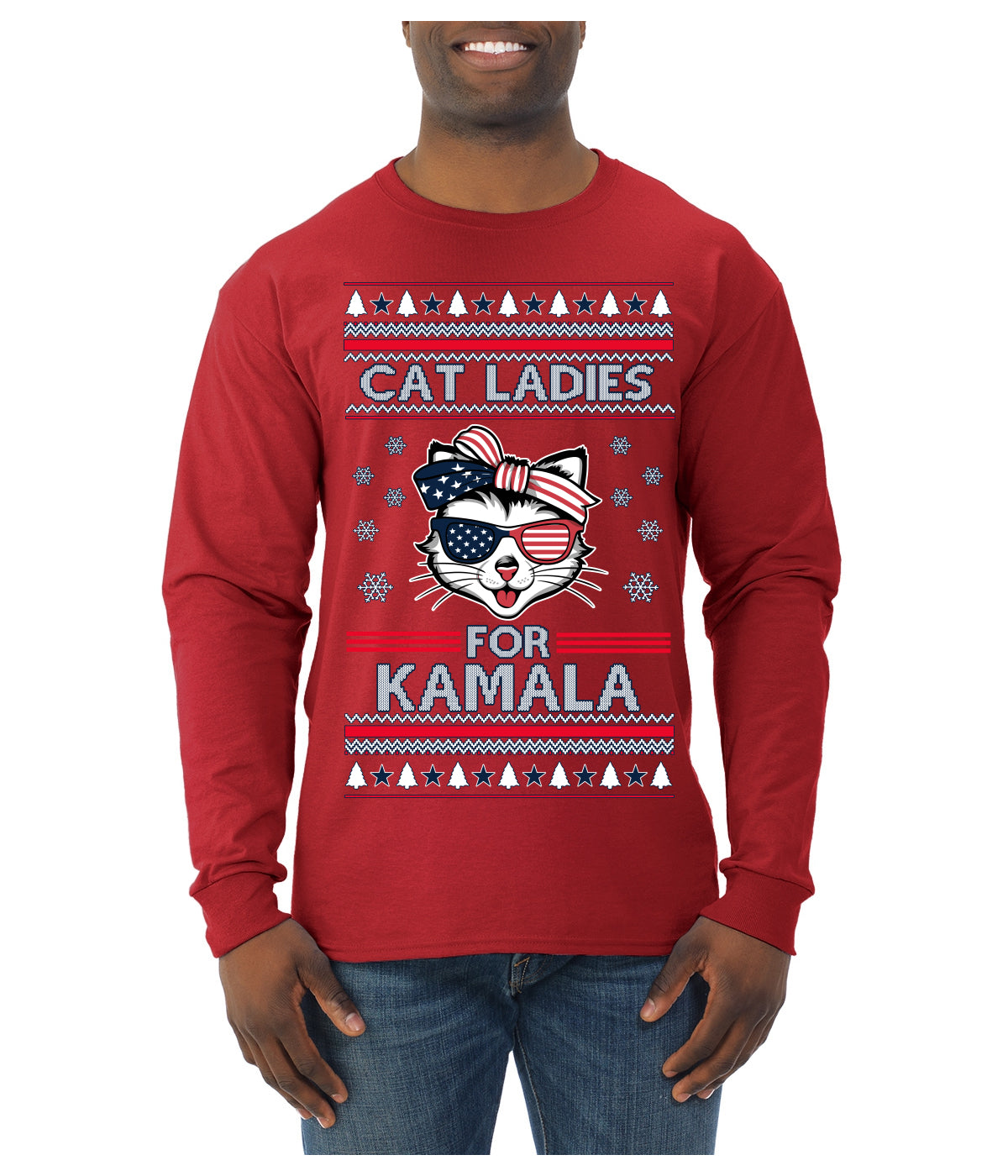 Cat Ladies for Kamala USA Glasses, Harris Tim Walz 2024 Cute USA Glasses Bow Ugly Christmas Sweater Mens Long Sleeve Shirt