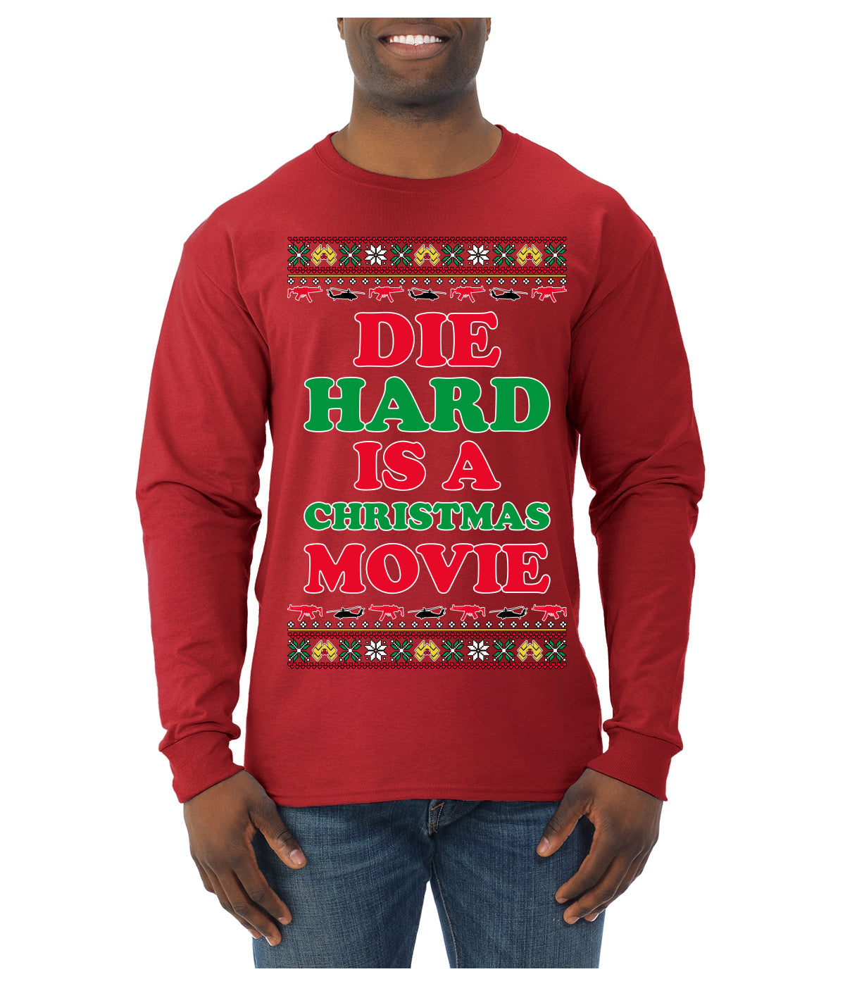 Die Hard is a Christmas Movie Classic, McClane Hans Nakatomi Plaza Xmas Party Holiday Movies Ugly Christmas Sweater Mens Long Sleeve Shirt
