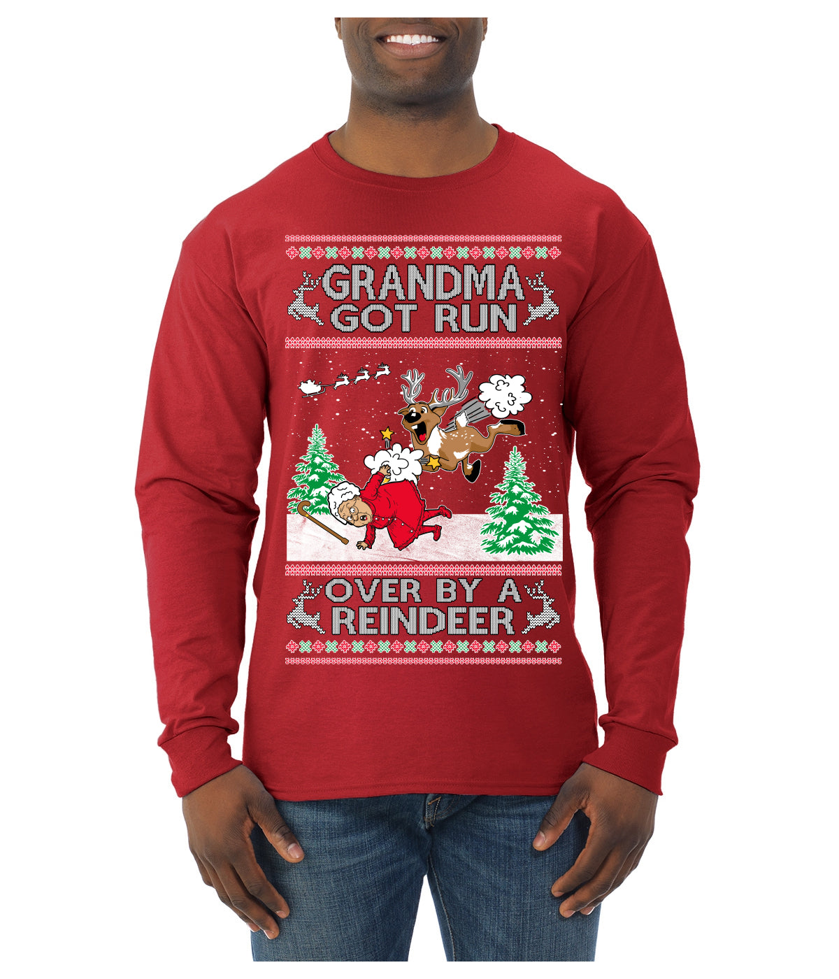 Grandma Got Run Over by a Reindeer, Funny Animated Design Rein Deer Kids TV Song Movie Ugly Christmas Sweater Mens Long Sleeve Shirt