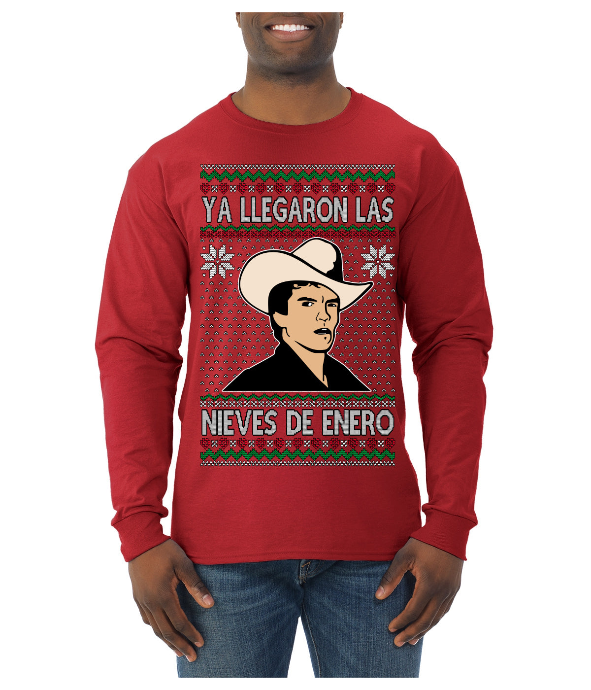 Ya Llegaron Las Nieves De Enero Chalino January Snow Ugly Christmas Sweater Mens Long Sleeve Shirt