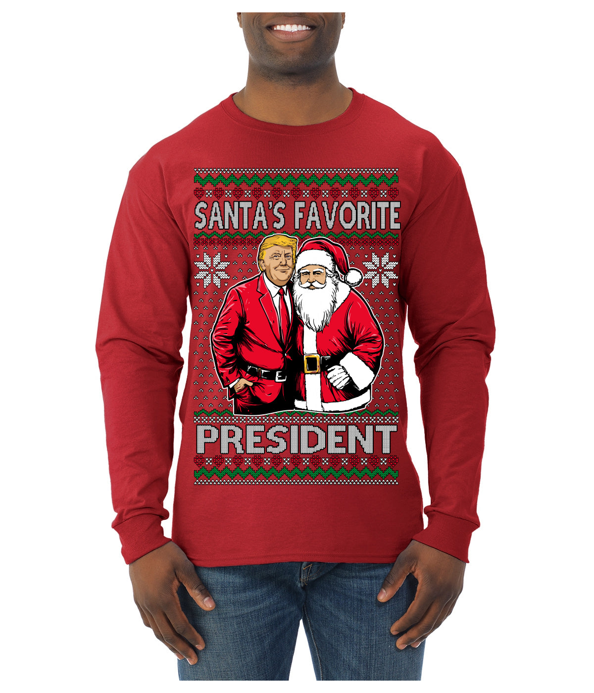 Santa's Favorite President Red Suit Trump Ugly Christmas Sweater Mens Long Sleeve Shirt