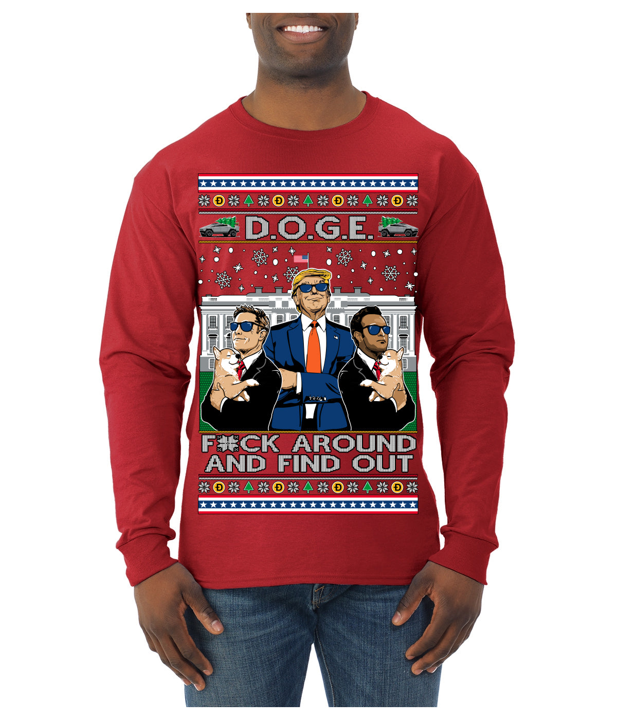Doge F Around and Find Out Donald Trump Elon Vivek MAGA Ugly Christmas Sweater Mens Long Sleeve Shirt