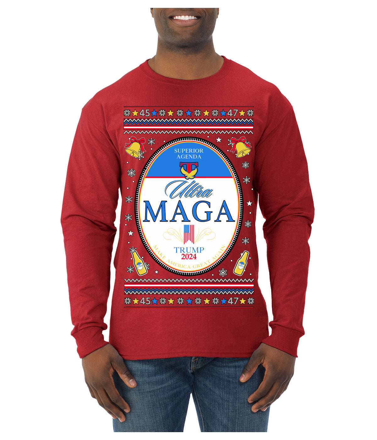 Ultra MAGA Superior Agenda Trump 2024 Funny Beer Logo Ugly Christmas Sweater Mens Long Sleeve Shirt