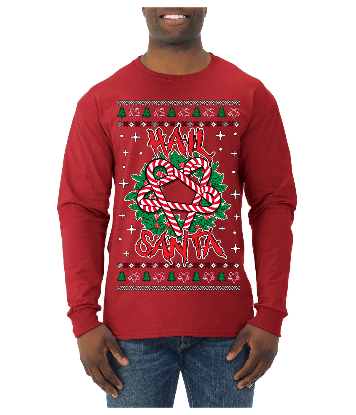 Hail Santa Funny Satanic Candy Devil Heavy Metal Satan Ugly Christmas Sweater Mens Long Sleeve Shirt