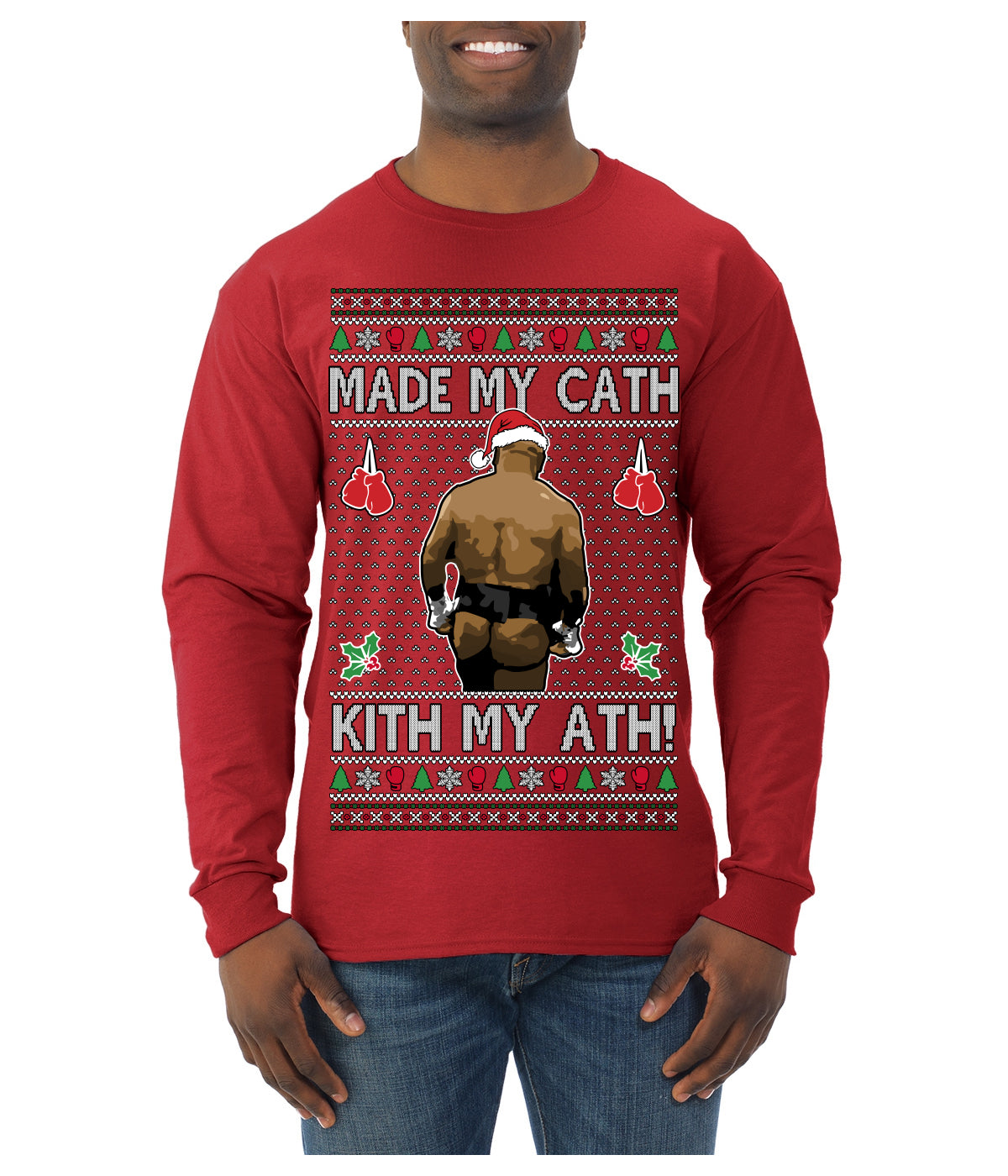 Made My Cath Kith My Ath, Funny Cash Money Viral Kiss My Ass Boxing Fight Meme, Men Women Ugly Christmas Sweater Mens Long Sleeve Shirt