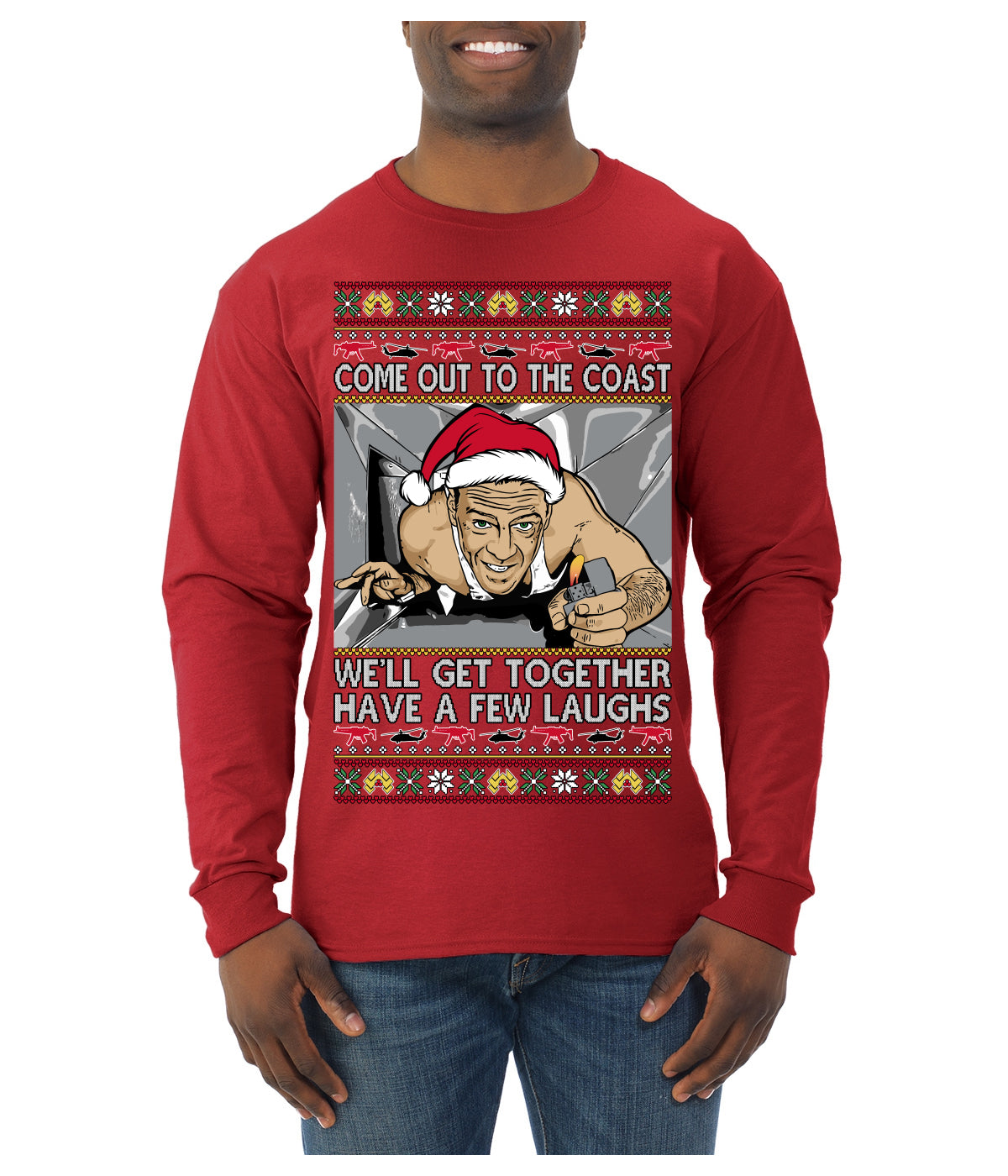 Come Out to the Coast Have a Few Laughs Die Hard McClane Ugly Christmas Sweater Mens Long Sleeve Shirt