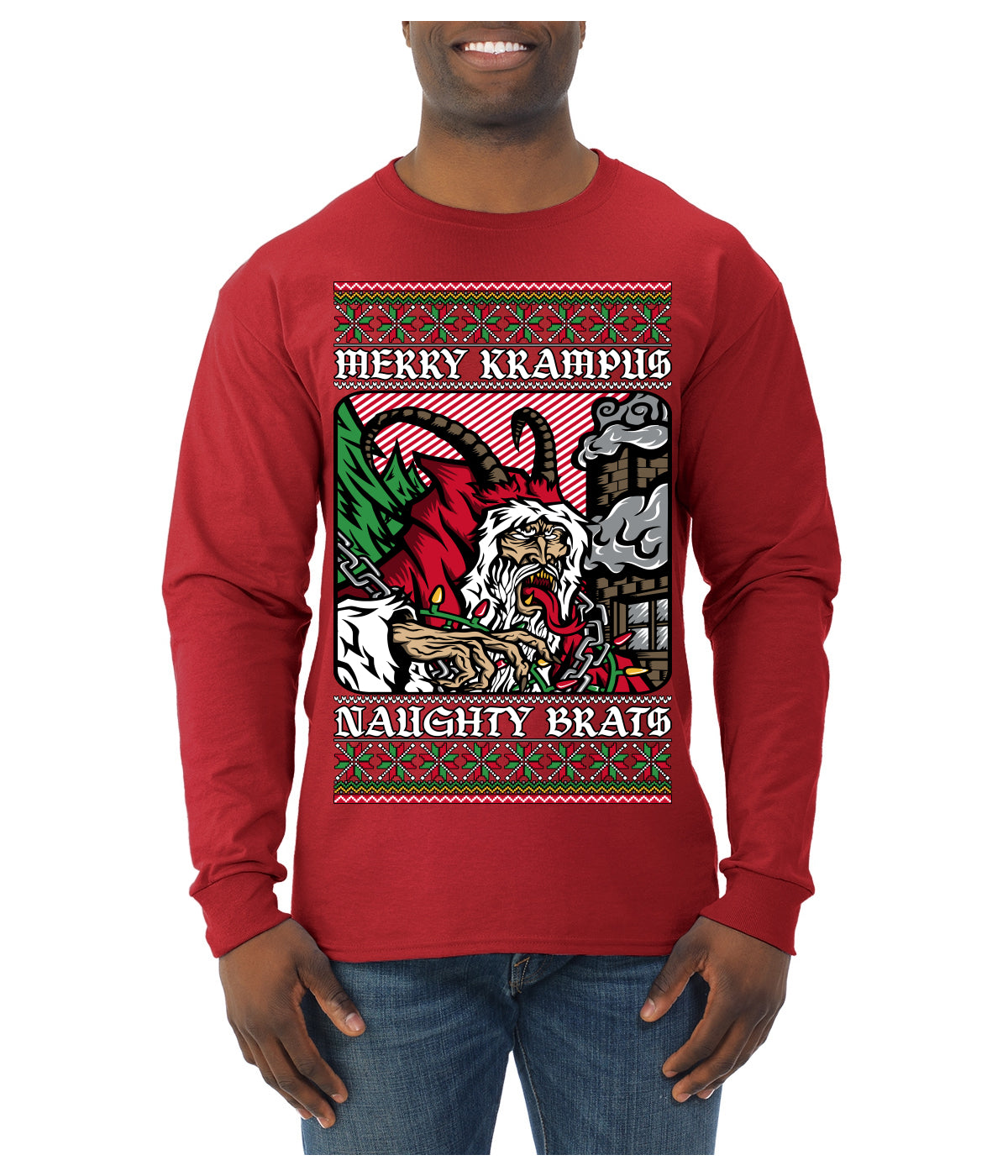 Merry Krampus Naughty Brats | Funny Ugly Christmas Sweater Mens Long Sleeve Shirt