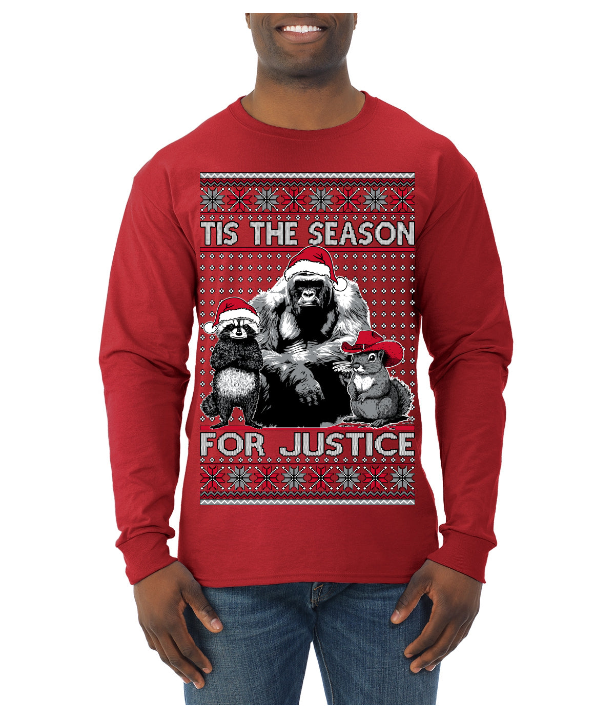 Tis the Season For Justice Harambe Peanut Fred Raccoon Ugly Christmas Sweater Mens Long Sleeve Shirt