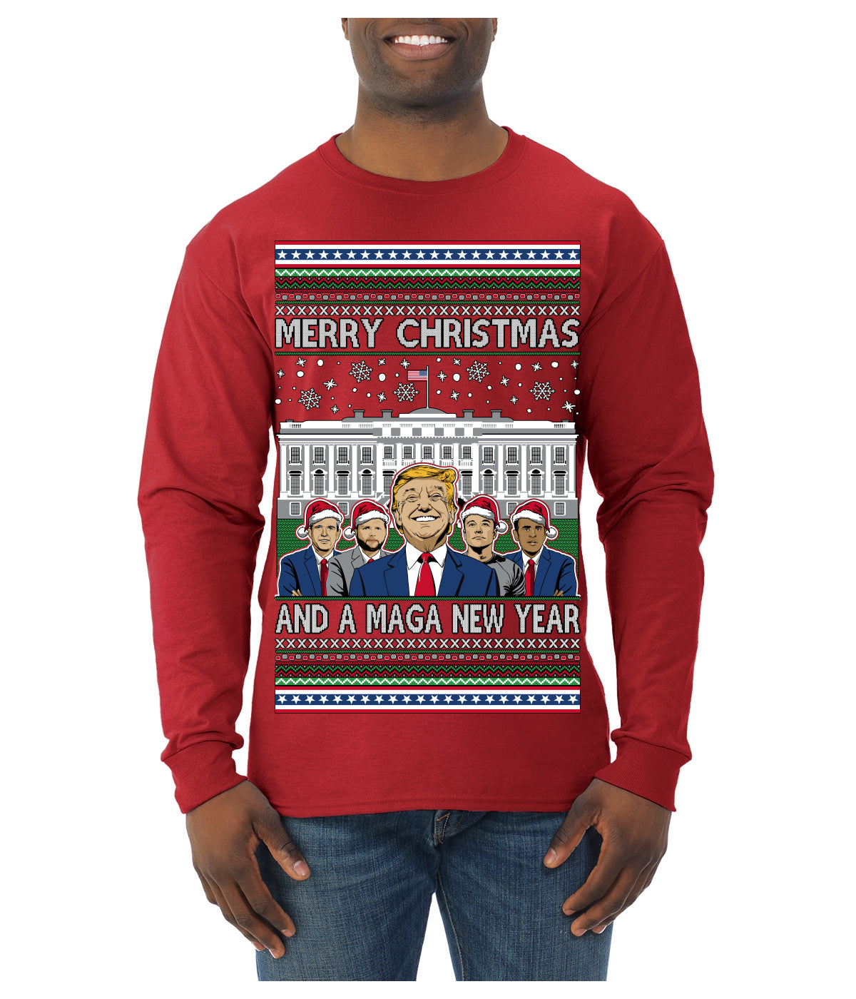 Merry Christmas and a MAGA New Year 2025 Ugly Christmas Sweater Mens Long Sleeve Shirt