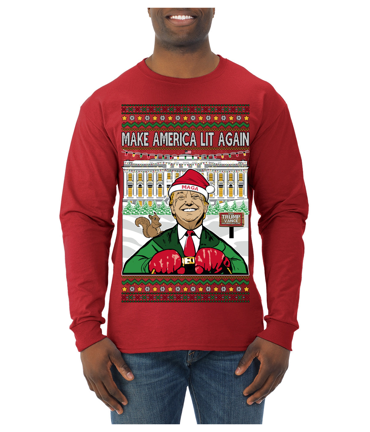 Make America Lit Again Funny Trump 2024 White House MAGA Ugly Christmas Sweater Mens Long Sleeve Shirt