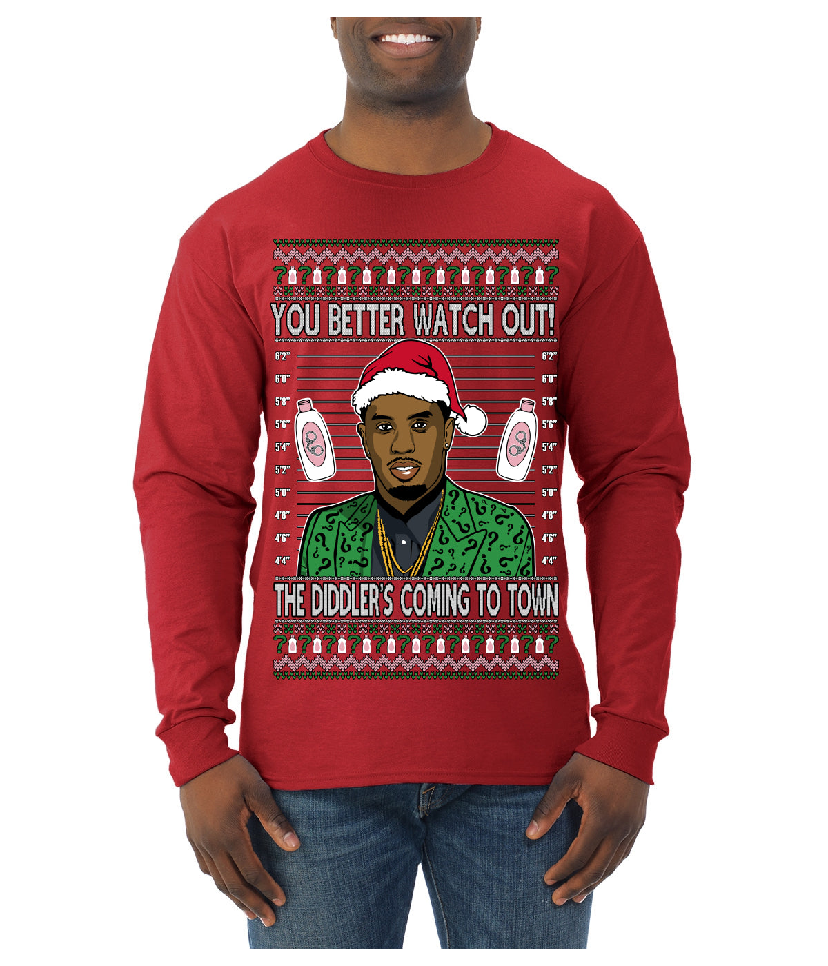 You Better Watch Out, the Diddler's Coming to Town, Funny Santa P Diddy Diddler Funny Party Viral Music Baby Oil Meme Ugly Christmas Sweater Mens Long Sleeve Shirt