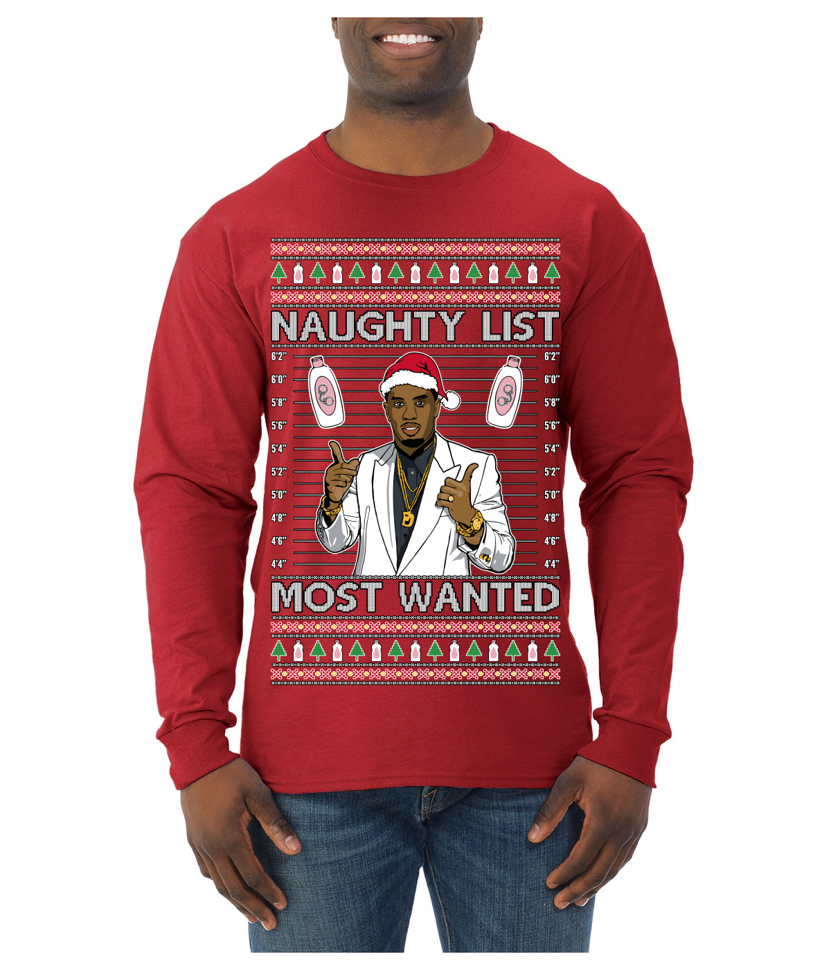 Naughty List Most Wanted, Funny Santa P Diddy Diddler Funny Party Viral Music Baby Oil Meme Ugly Christmas Sweater Mens Long Sleeve Shirt