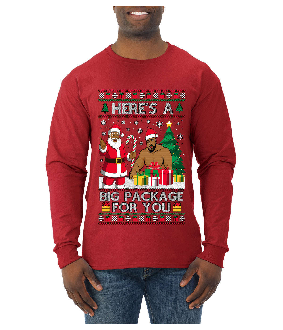 Here's A Big Package For You Black Santa Christmas Sweater, Ugly Christmas Sweater Mens Long Sleeve Shirt