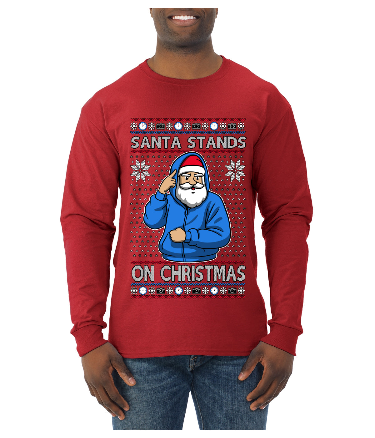 Santa Stands On Christmas, Ugly Christmas Sweater Mens Long Sleeve Shirt