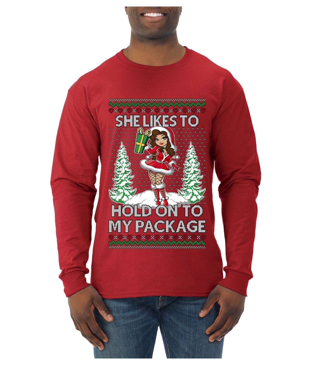 Hold My Package, Ugly Christmas Sweater Unisex Unisex Mens Long Sleeve Shirt