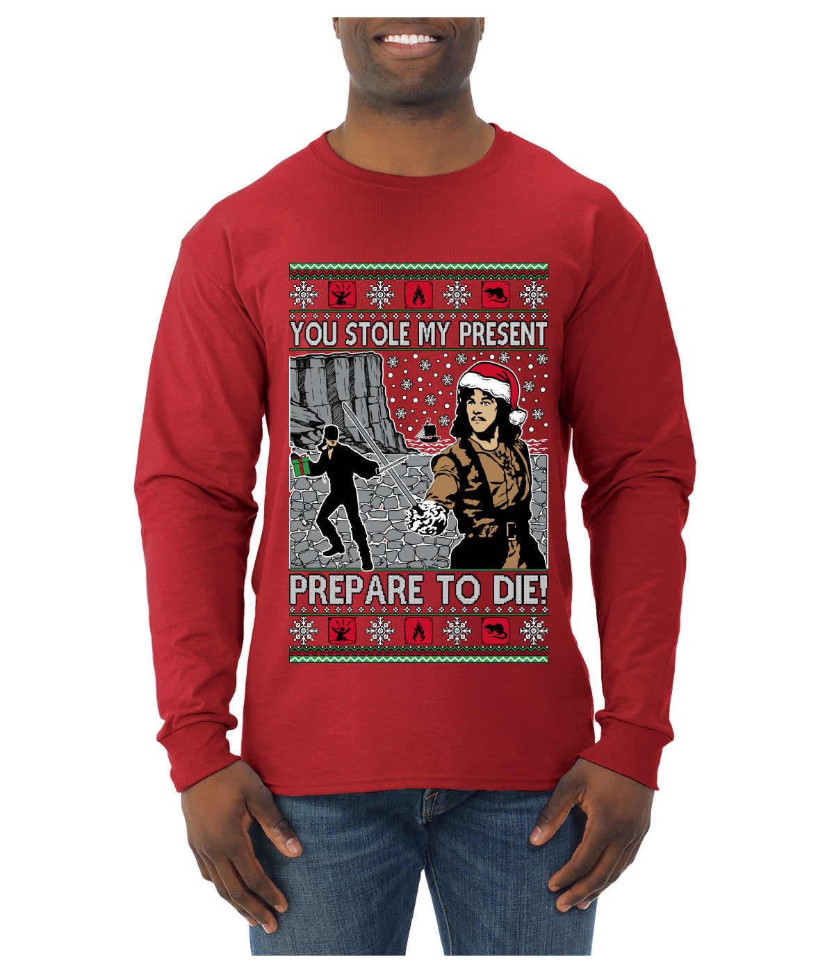 You Stole My Present Prepare To Die Cult Classic, Ugly Christmas Sweater Unisex Mens Long Sleeve Shirt