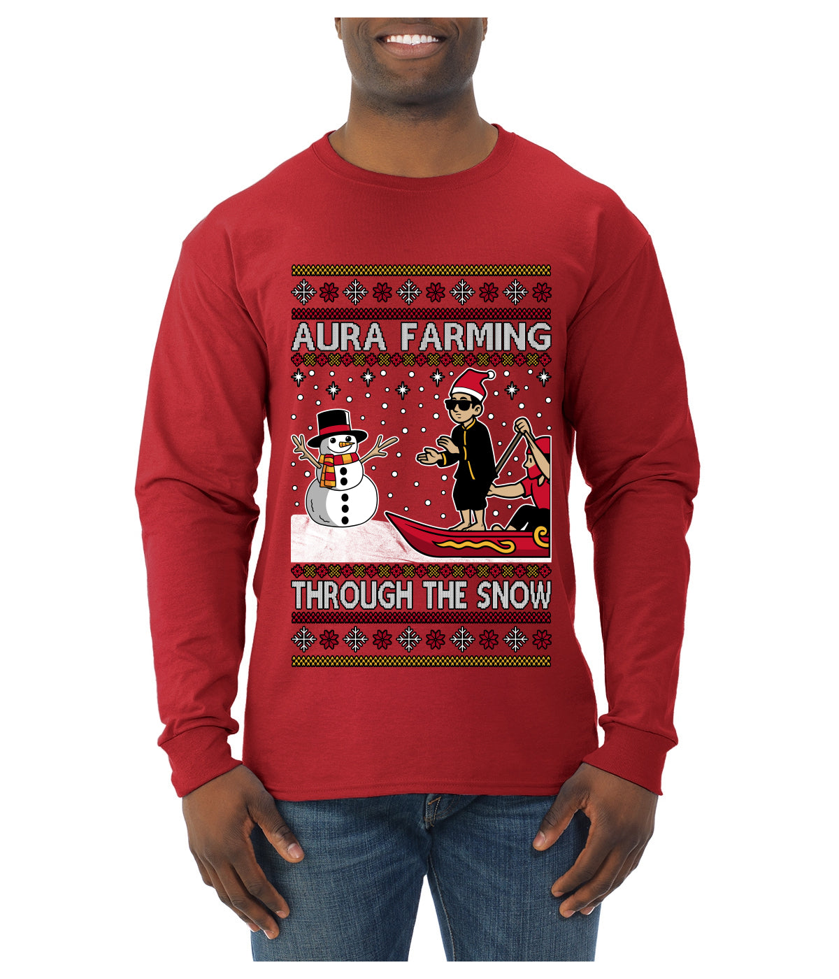 Aura Farming Through The Snow Meme, Ugly Christmas Sweater Unisex Mens Long Sleeve Shirt
