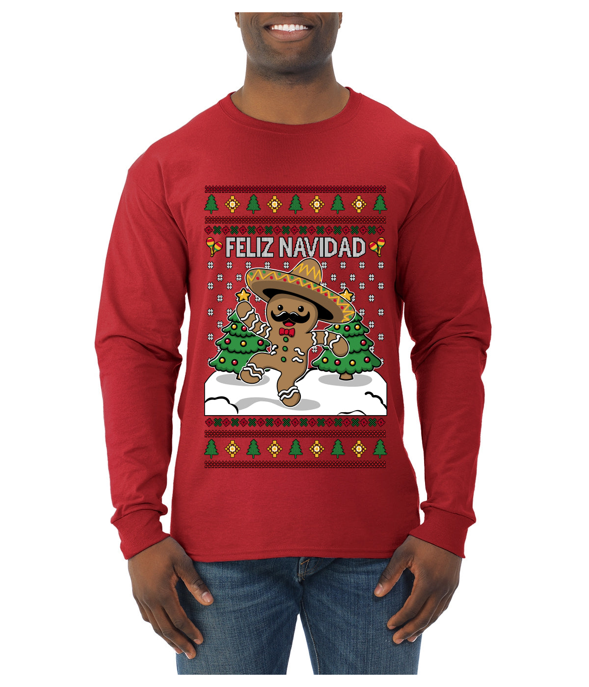 Feliz Navidad Dancing Gingerbread Man, Ugly Christmas Sweater Unisex Mens Long Sleeve Shirt