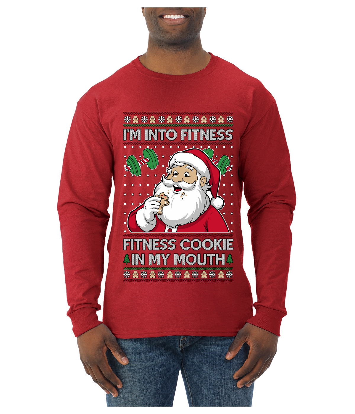 I'm Into Fitness Cookie In My Mouth Santa, Ugly Christmas Sweater Unisex Mens Long Sleeve Shirt
