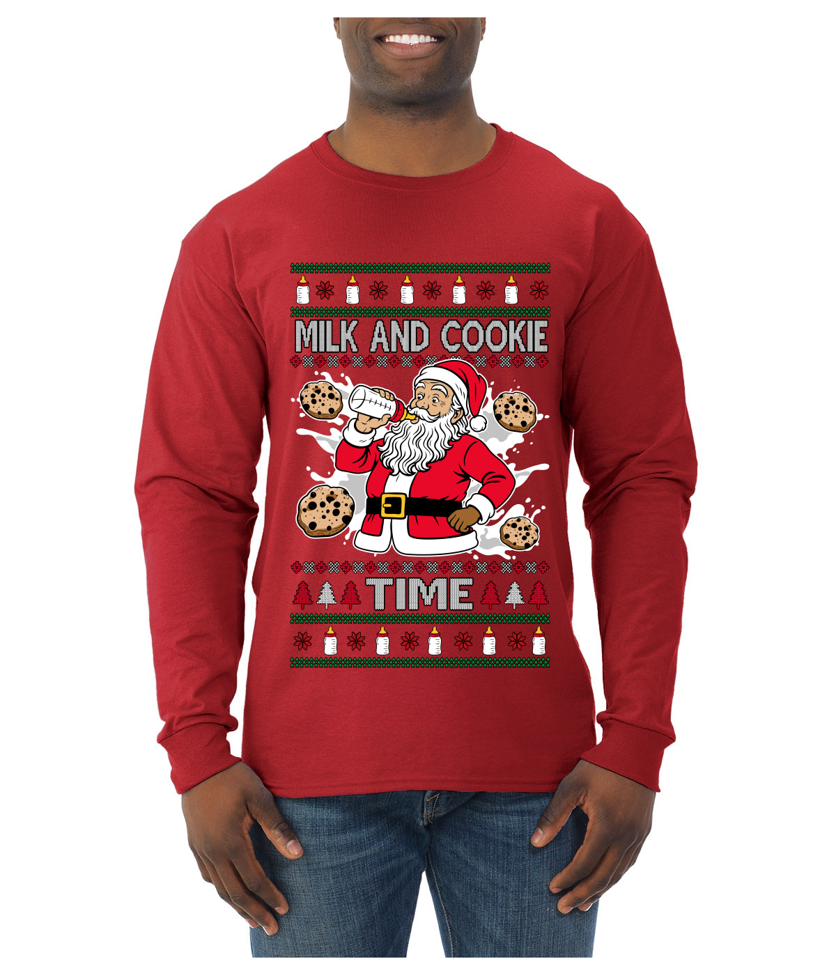 Milk And Cookie Time, Ugly Christmas Sweater Unisex Mens Long Sleeve Shirt