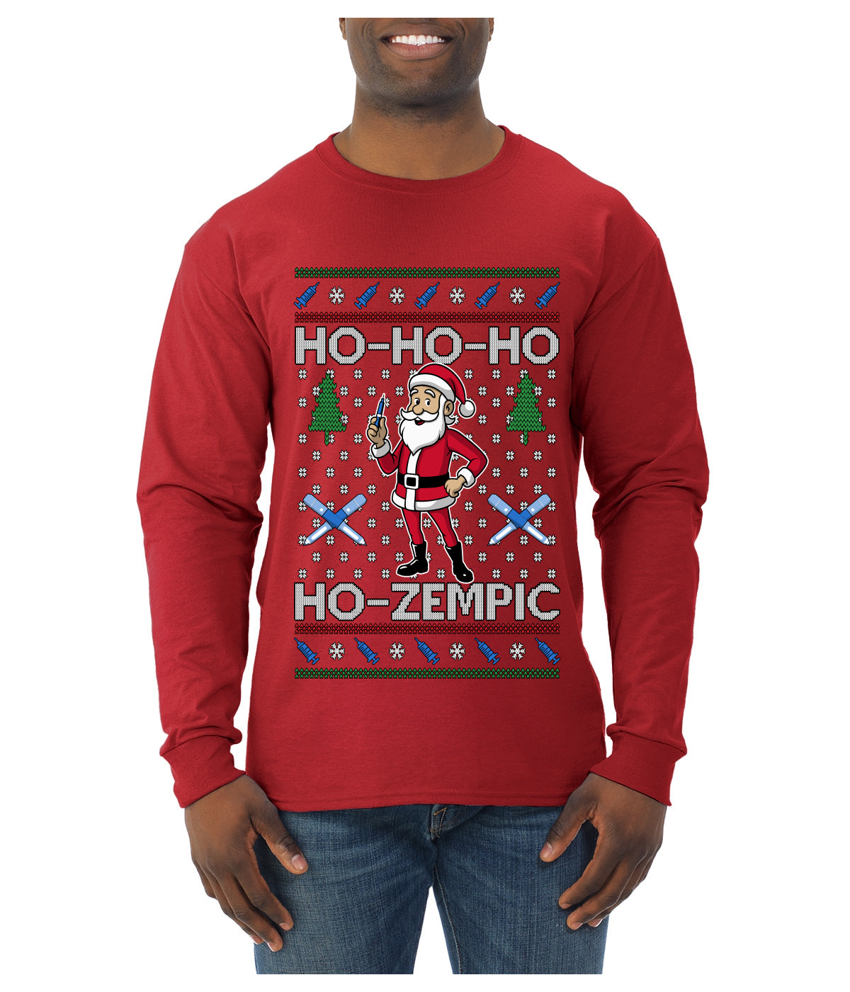 Skinny Santa Ho Ho Ho Ho-Zempic Weight Loss Shot, Ugly Christmas Sweater Unisex Mens Long Sleeve Shirt