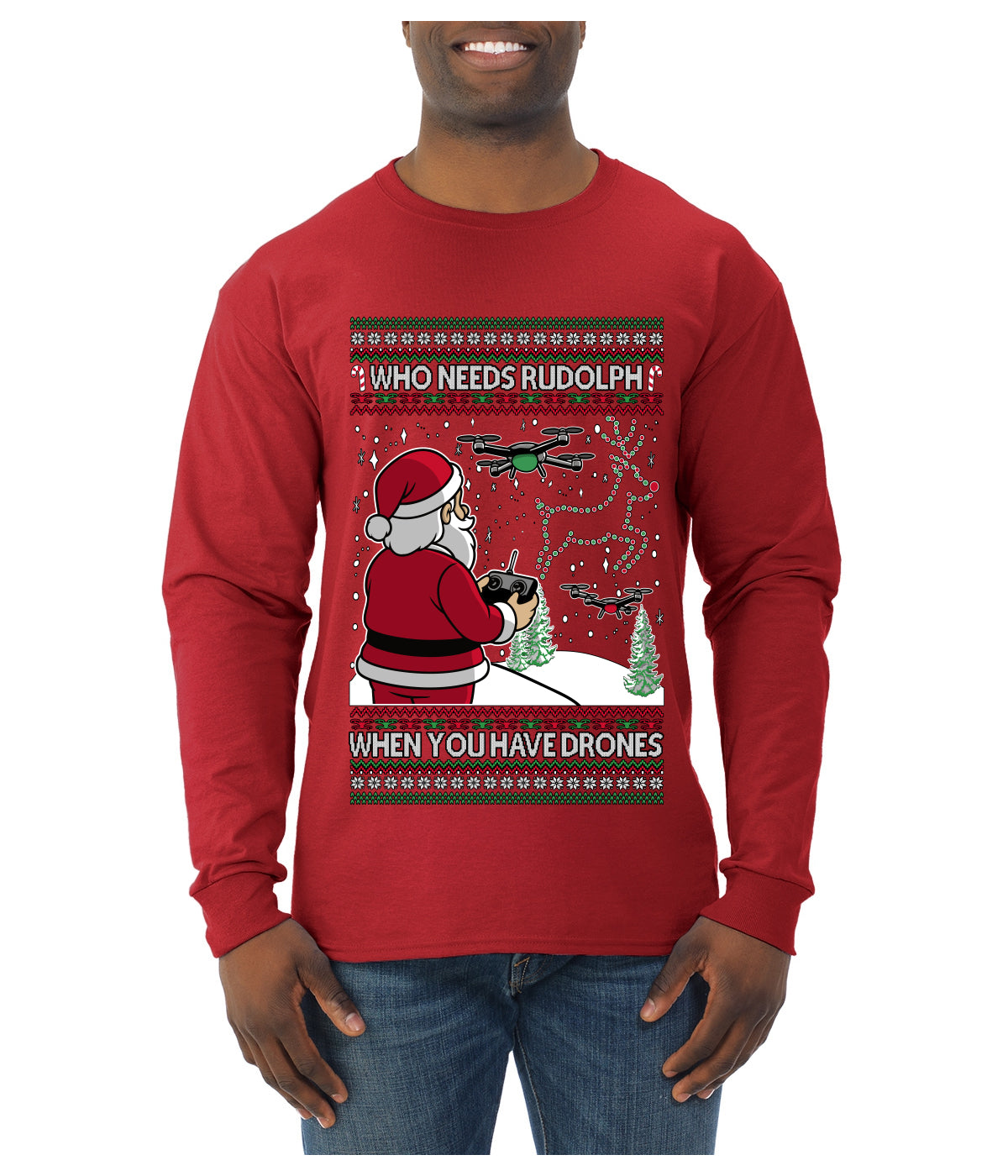 Santa Drone Show Reindeer, Ugly Christmas Sweater Unisex Mens Long Sleeve Shirt