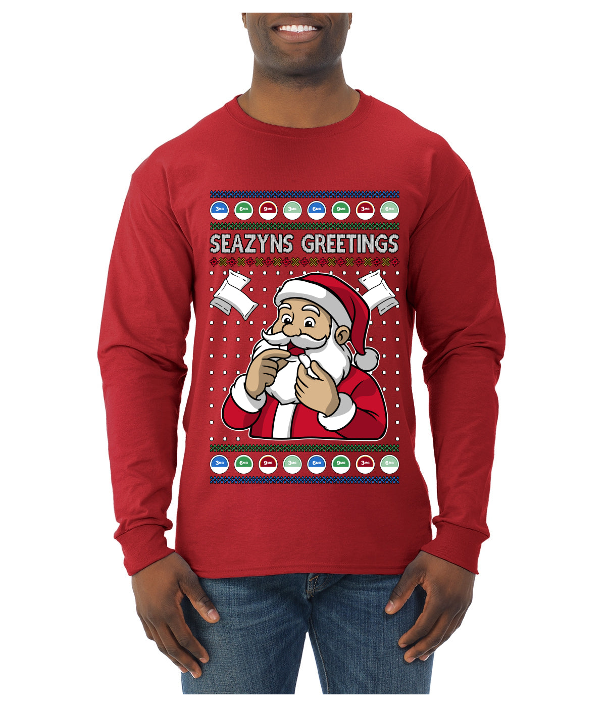 Seazyns Greeting Santa Packing Lip Pouch, Ugly Christmas Sweater Unisex Mens Long Sleeve Shirt